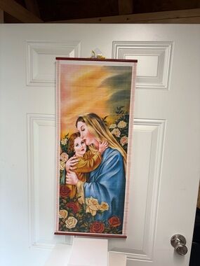 Religious Wall Hanging Tapestry in Blue and Cream